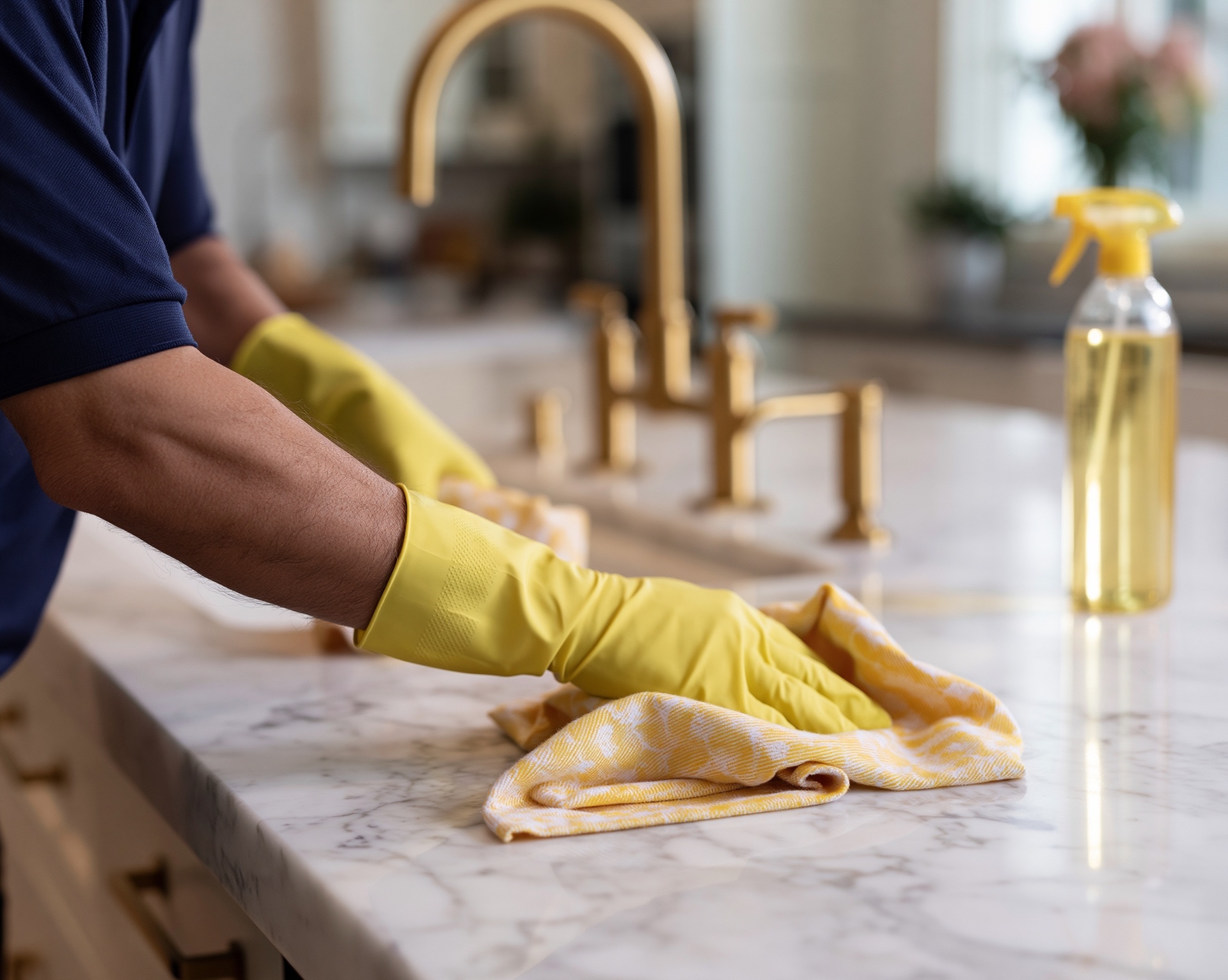 Cleaner polishing a marble worktop